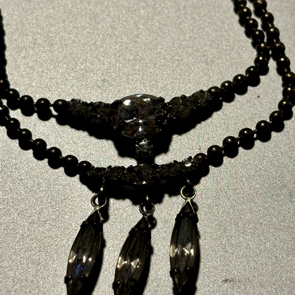 Lionette Vintage Inspired Black Beaded Necklace with Crystal Accents